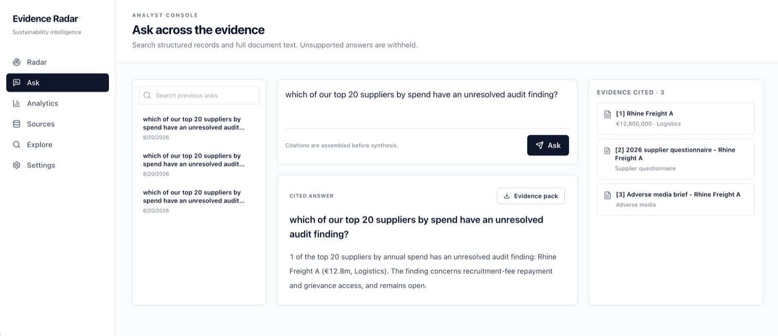 A question box above a written answer, with a panel beside it listing the three pieces of evidence the answer was assembled from: a supplier record, a questionnaire response, and an adverse media brief.